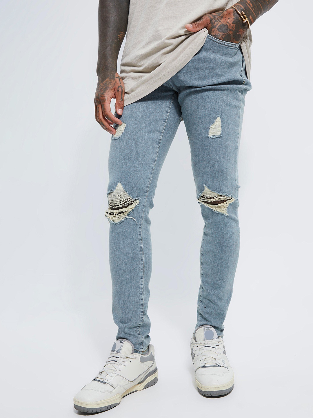 

boohooMAN Skinny Fit Mildly Distressed Stretchable Jeans, Blue