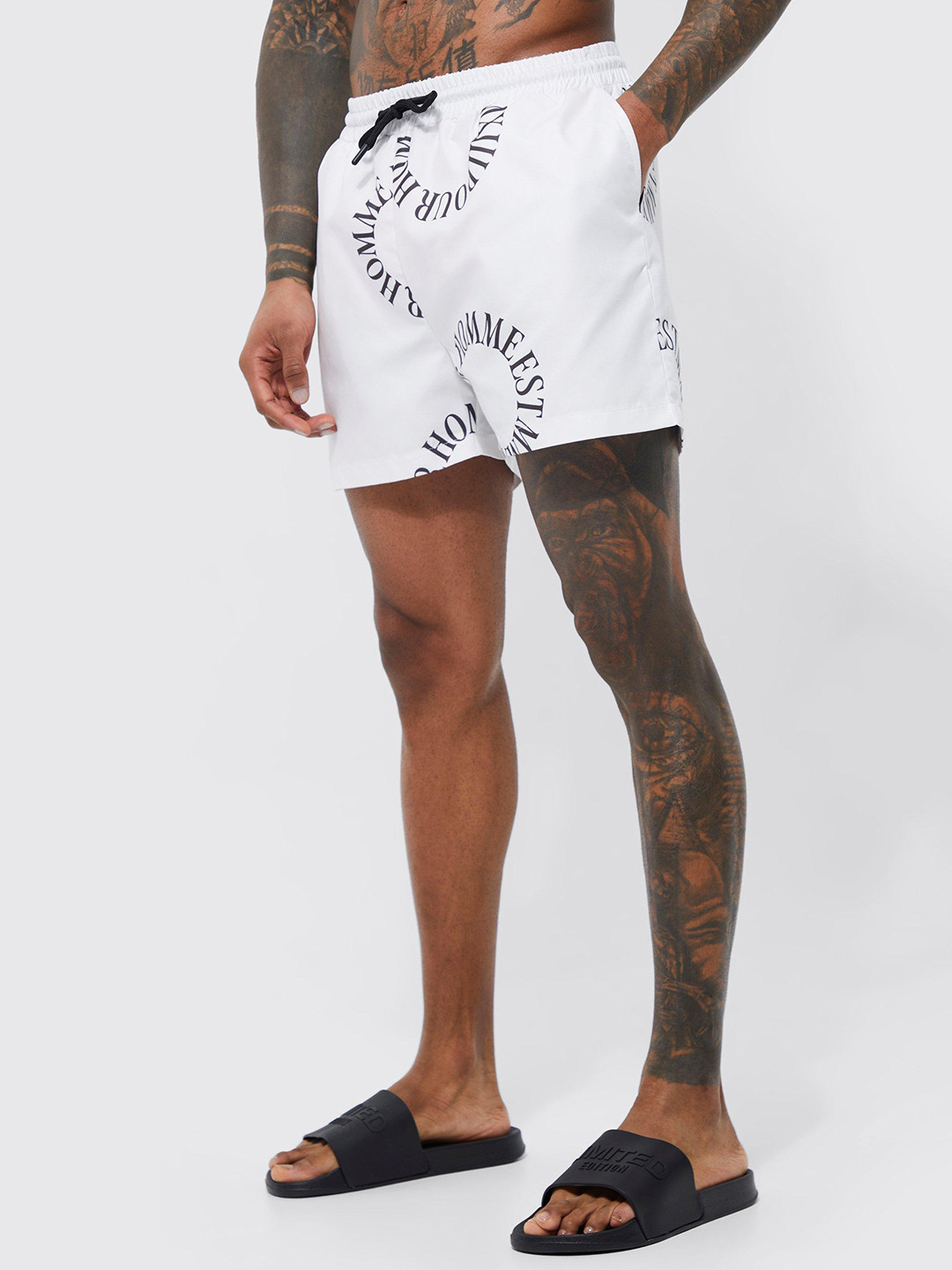 

boohooMAN Typography Printed Swim Shorts, White