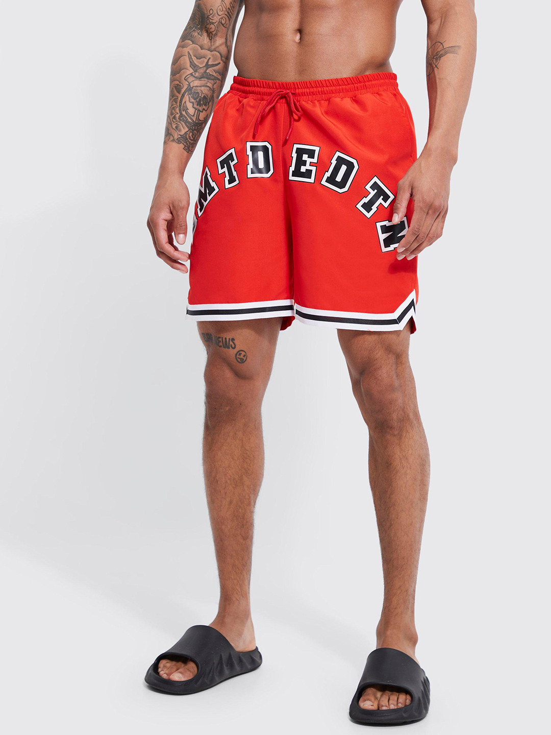 

boohooMAN Typography Printed Swim Shorts, Red