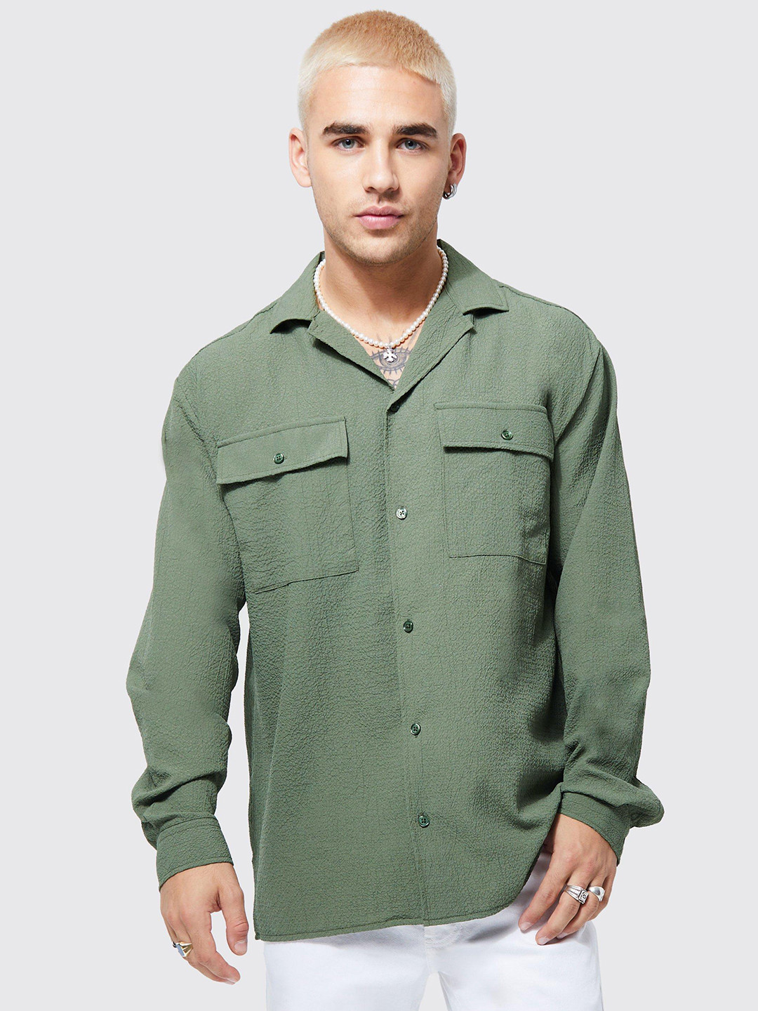 

boohooMAN Opaque Casual Seersucker Shirt, Green