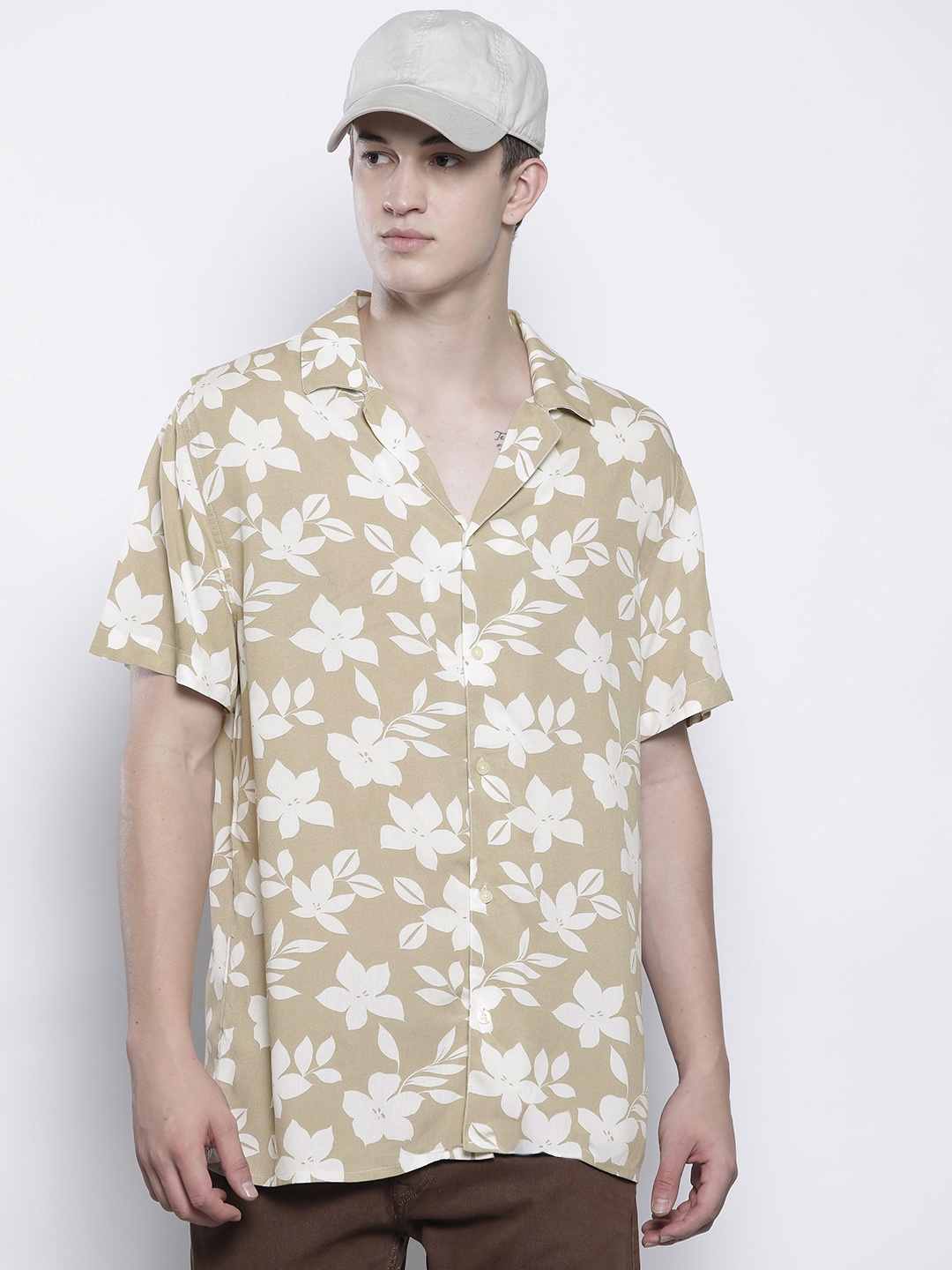 

boohooMAN Floral Print Casual Shirt, Beige