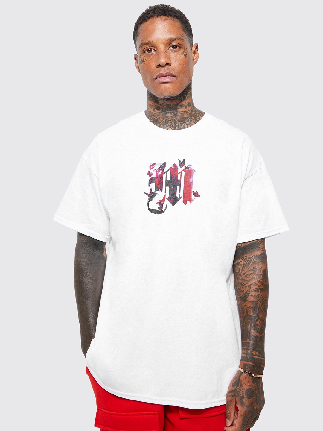 

boohooMAN Printed Drop-Shoulder Sleeves Pure Cotton Oversized T-shirt, White