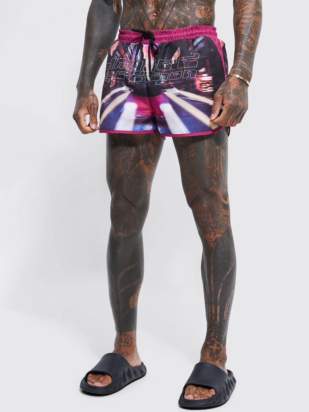 

boohooMAN Runner Graphic Printed Swim Shorts, Red