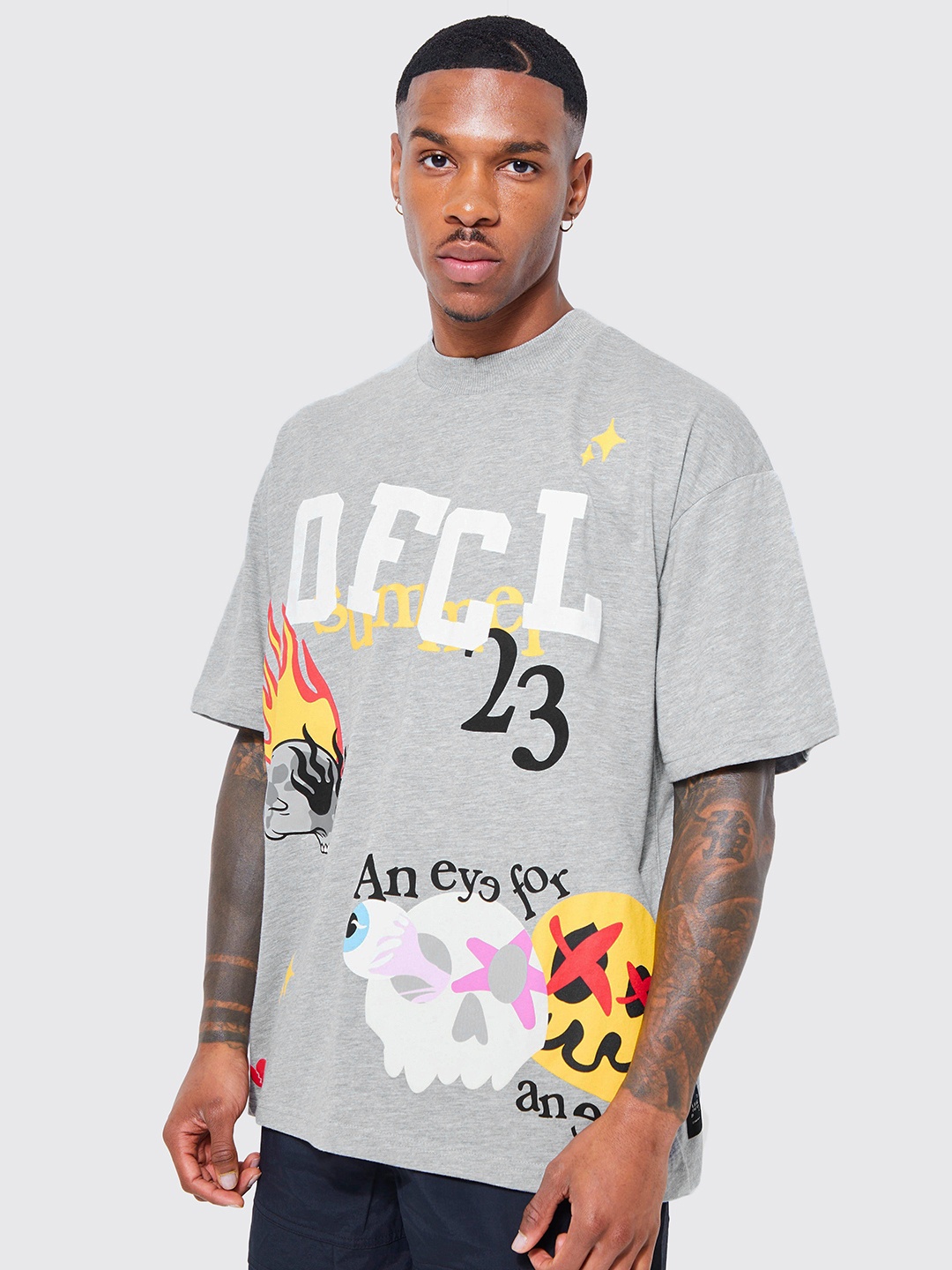 

boohooMAN Typography Printed Pure Cotton Oversized T-shirt, Grey melange