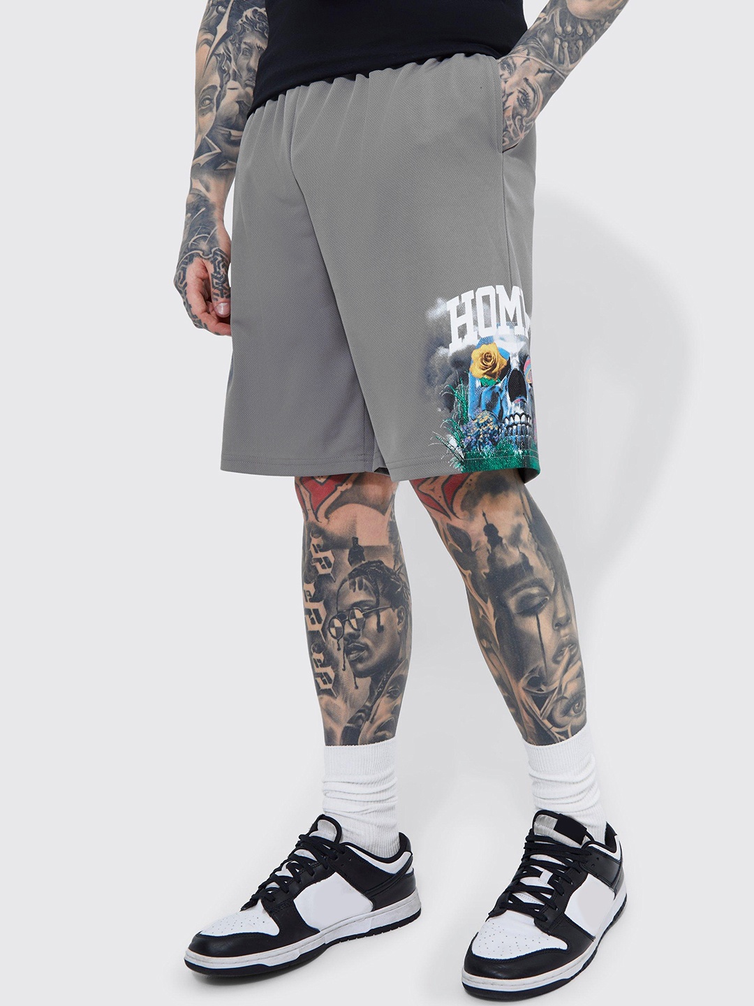 

boohooMAN Pure Cotton Graphic Printed Loose Fit Basketball Shorts, Grey