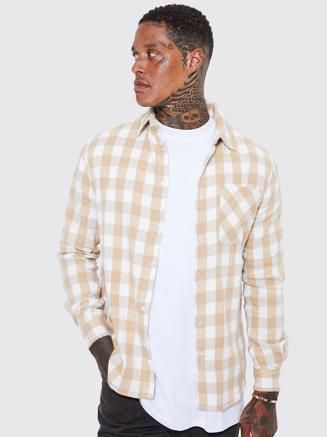 

boohooMAN Flannel Checked Casual Shirt, White
