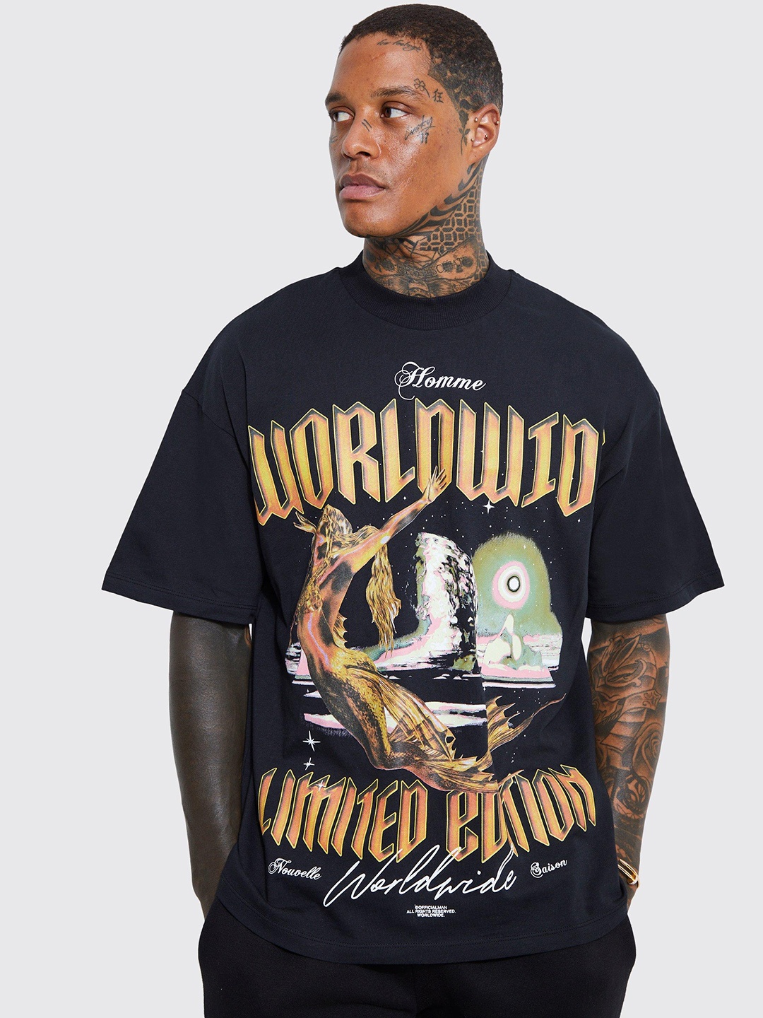 

boohooMAN Printed Drop-Shoulder Sleeves Pure Cotton Oversized T-shirt, Black