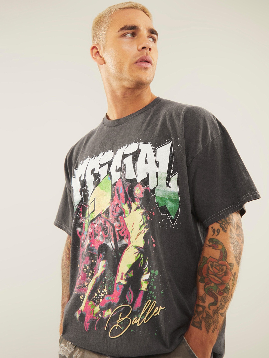 

boohooMAN Printed Drop-Shoulder Sleeves Pure Cotton T-shirt, Charcoal