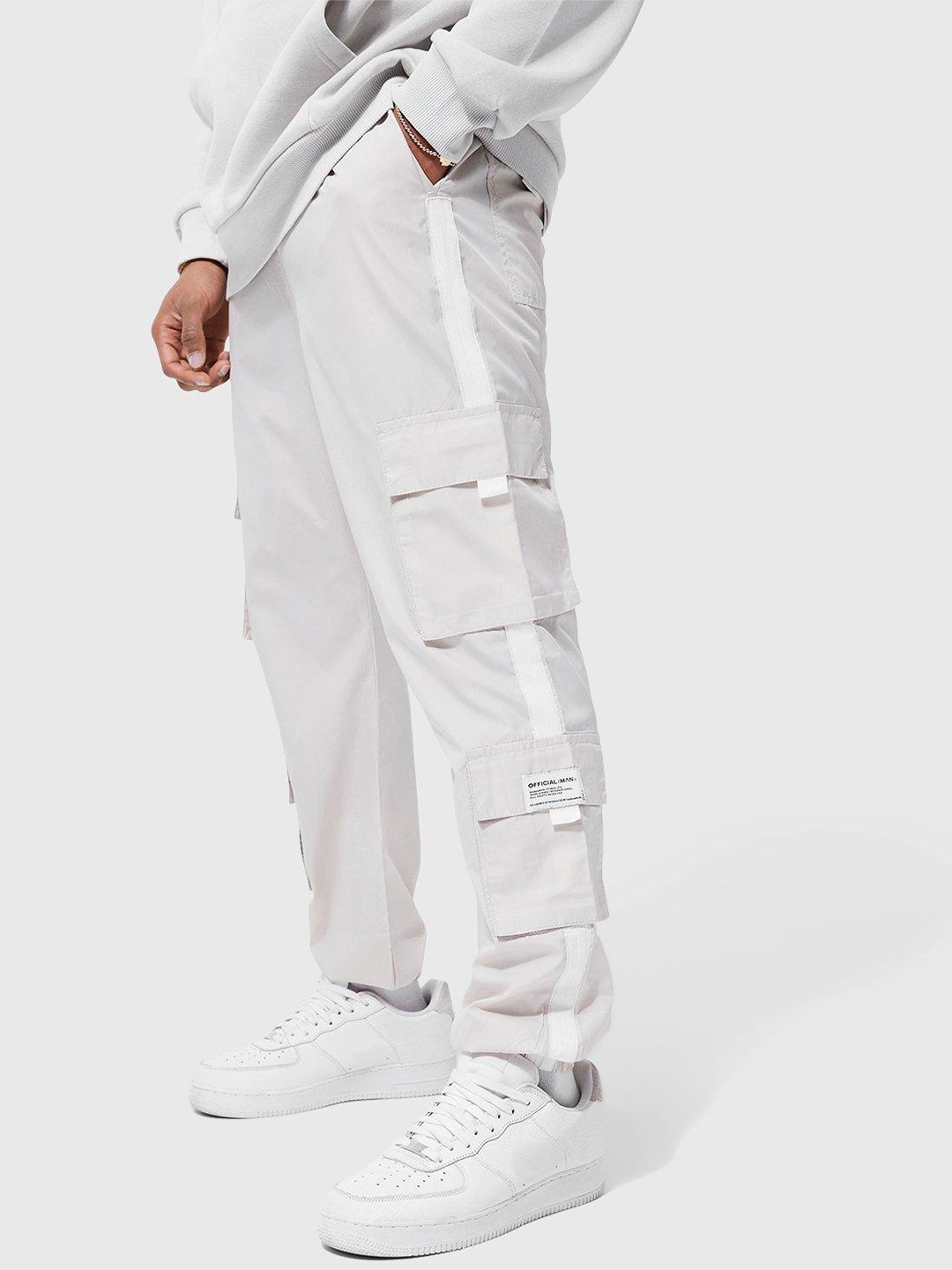 

boohooMAN Slim Fit Cargos Trousers, Cream