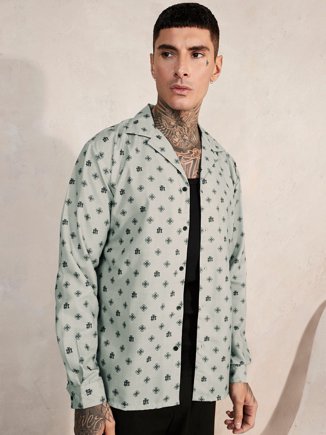 

boohooMAN Geometric Print Oversized Long Sleeves Casual Shirt, Green
