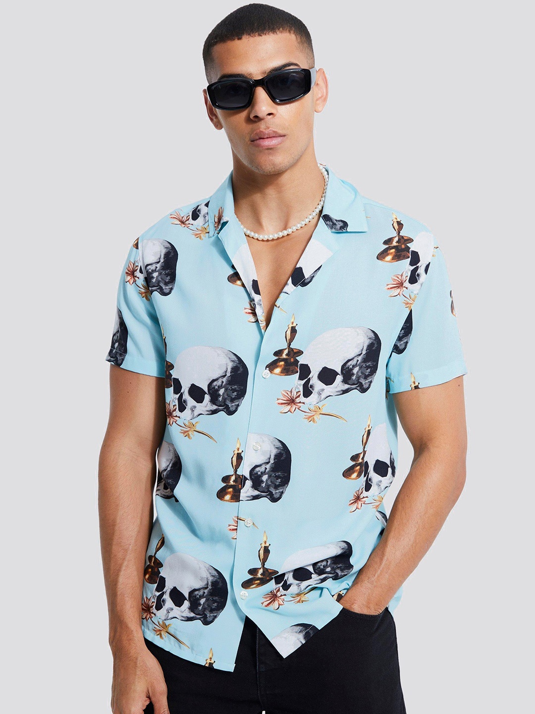 

boohooMAN Conversational Printed Cuban Collar Casual Shirt, Blue