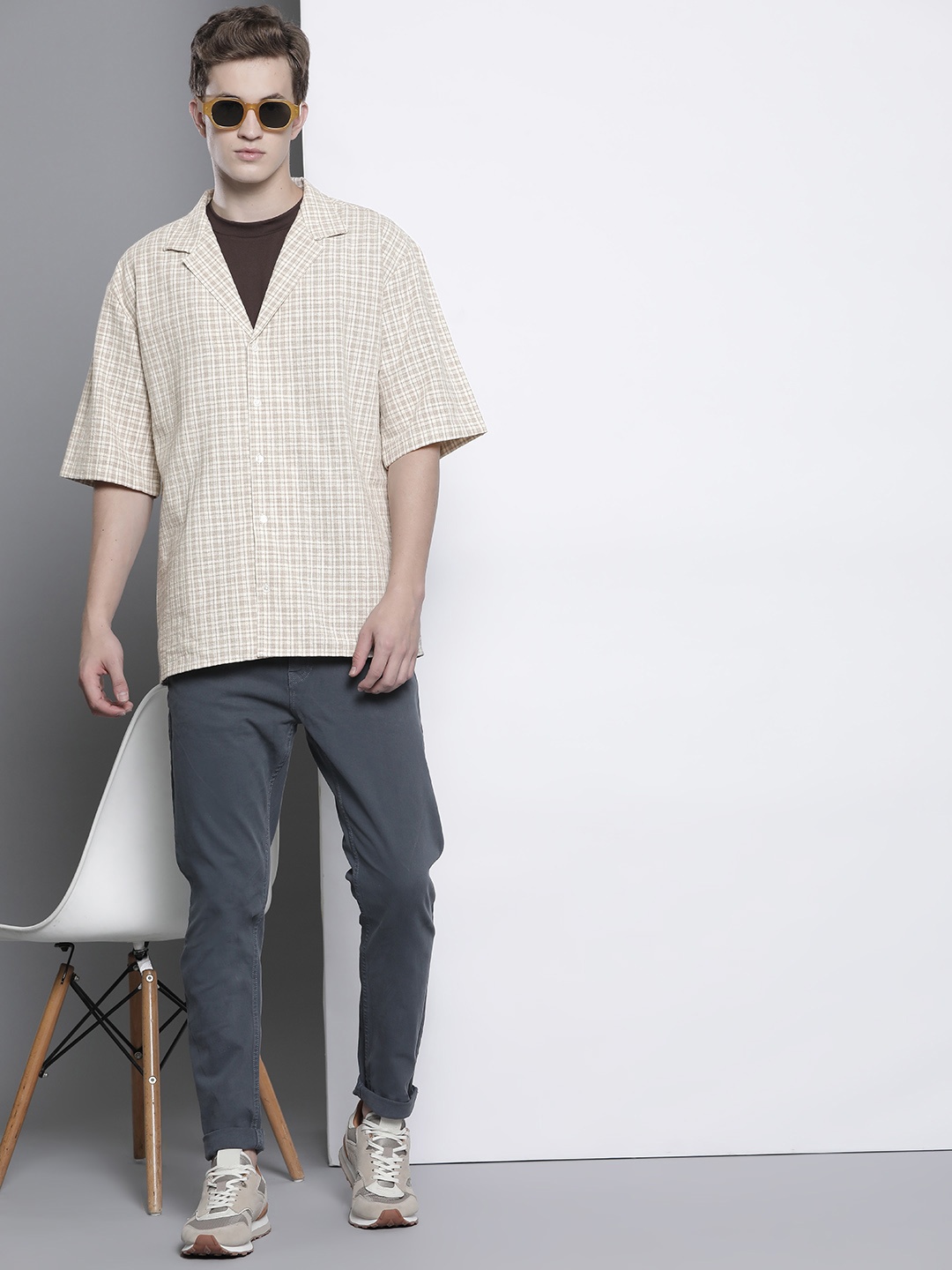 

boohooMAN Checked Oversized Casual Shirt, Beige