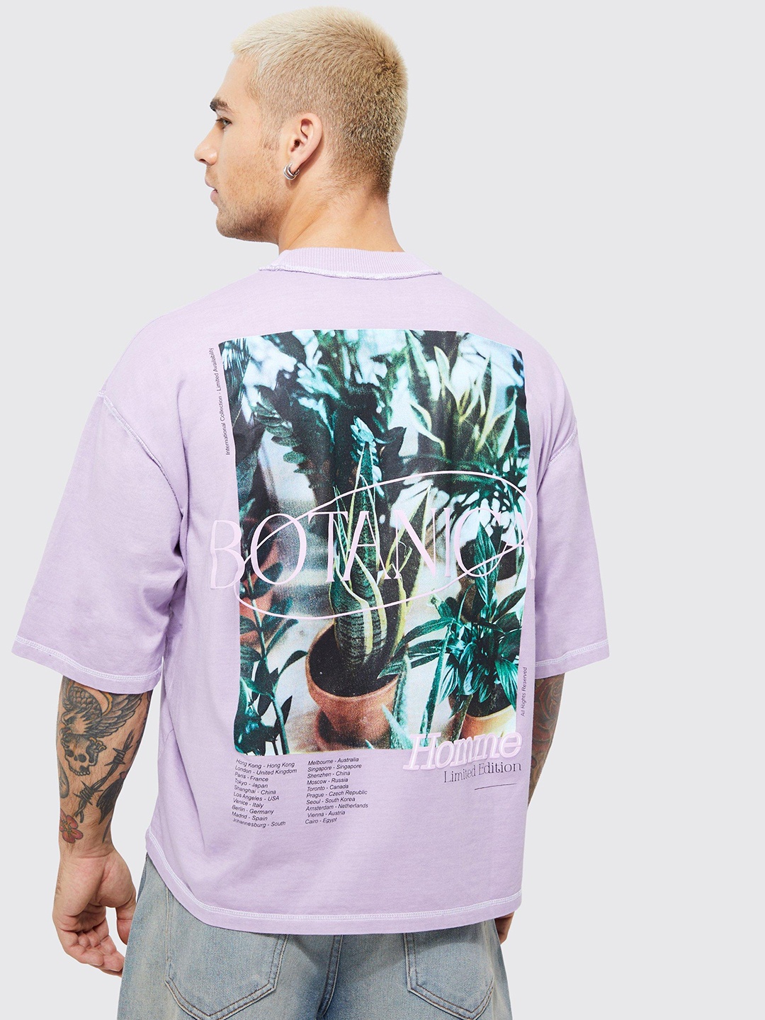 

boohooMAN Printed Drop-Shoulder Sleeves Pure Cotton Oversized T-shirt, Lavender