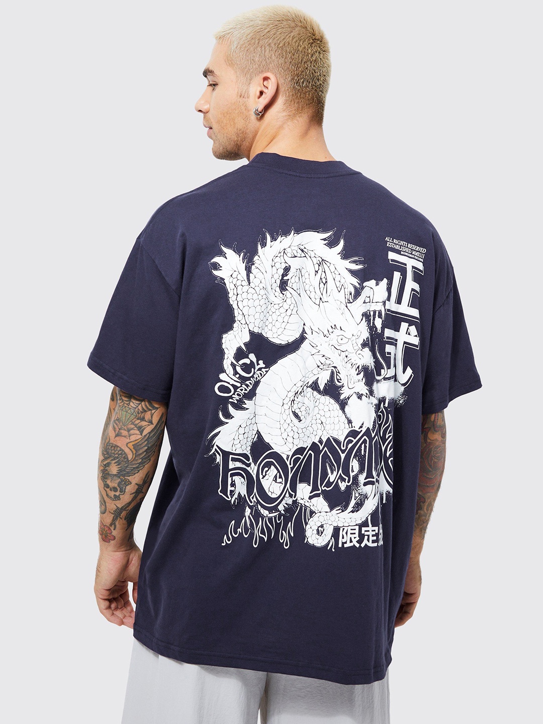 

boohooMAN Back Printed Drop-Shoulder Oversized Cotton T-shirt, Navy blue