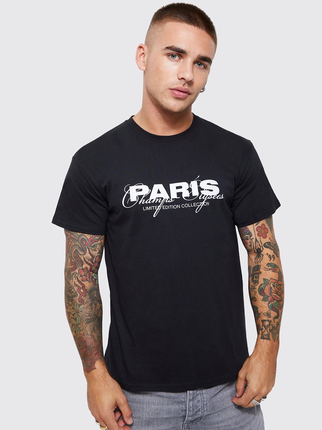 

boohooMAN Typography Printed Slim Fit Pure Cotton T-shirt, Black