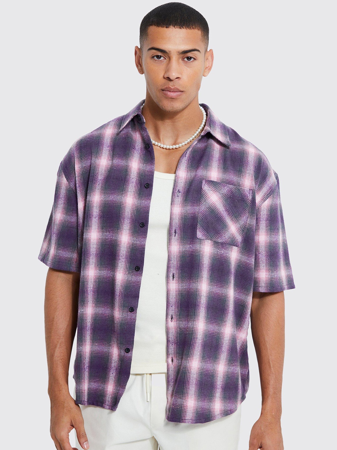 

boohooMAN Short Sleeves Boxy Oversized Checked Shirt, Purple