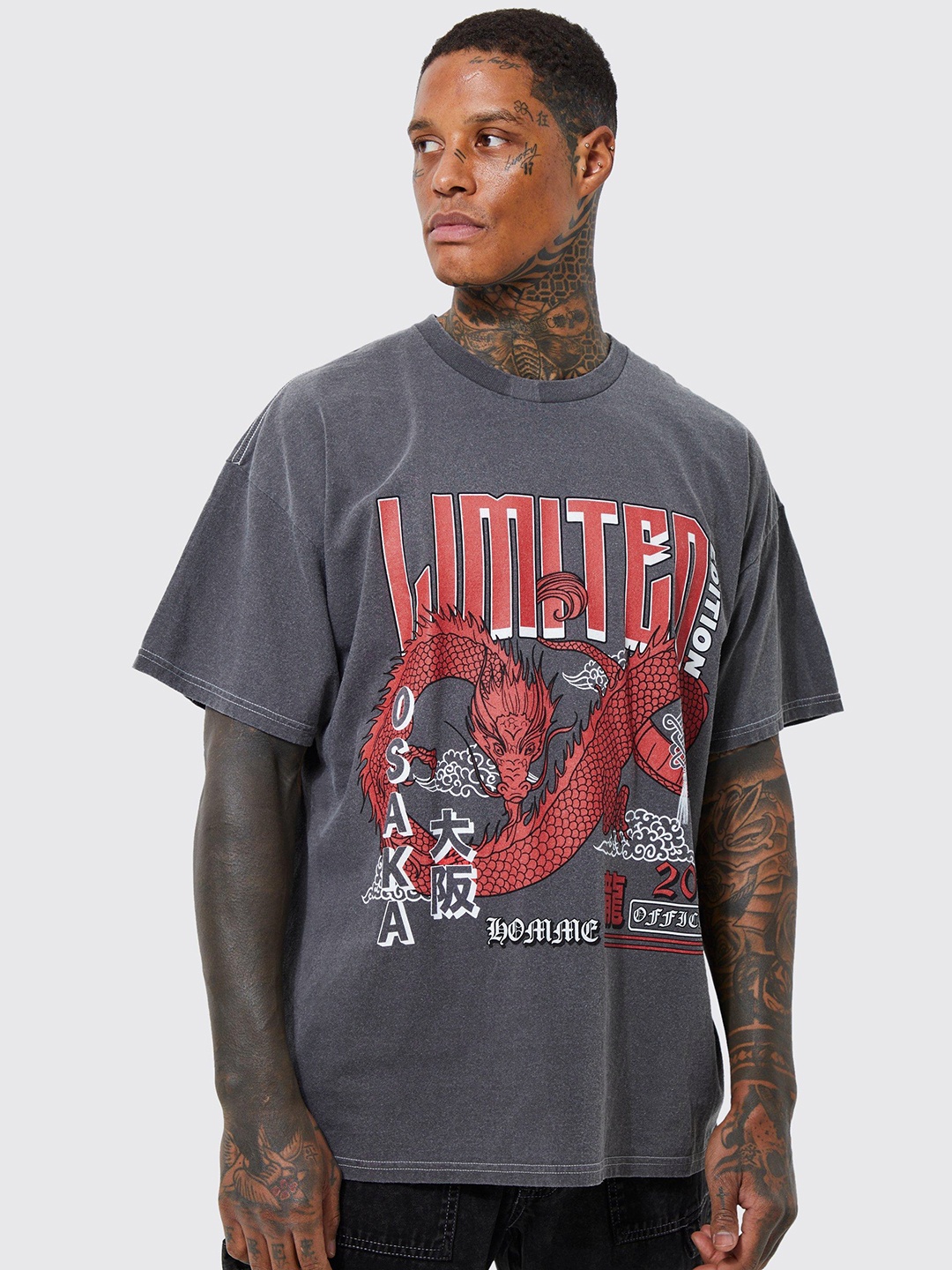 

boohooMAN Printed Drop-Shoulder Sleeves Pure Cotton Oversized T-shirt, Charcoal