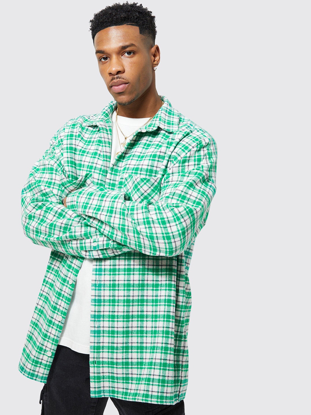 

boohooMAN Flannel Opaque Checked Shacket, Green