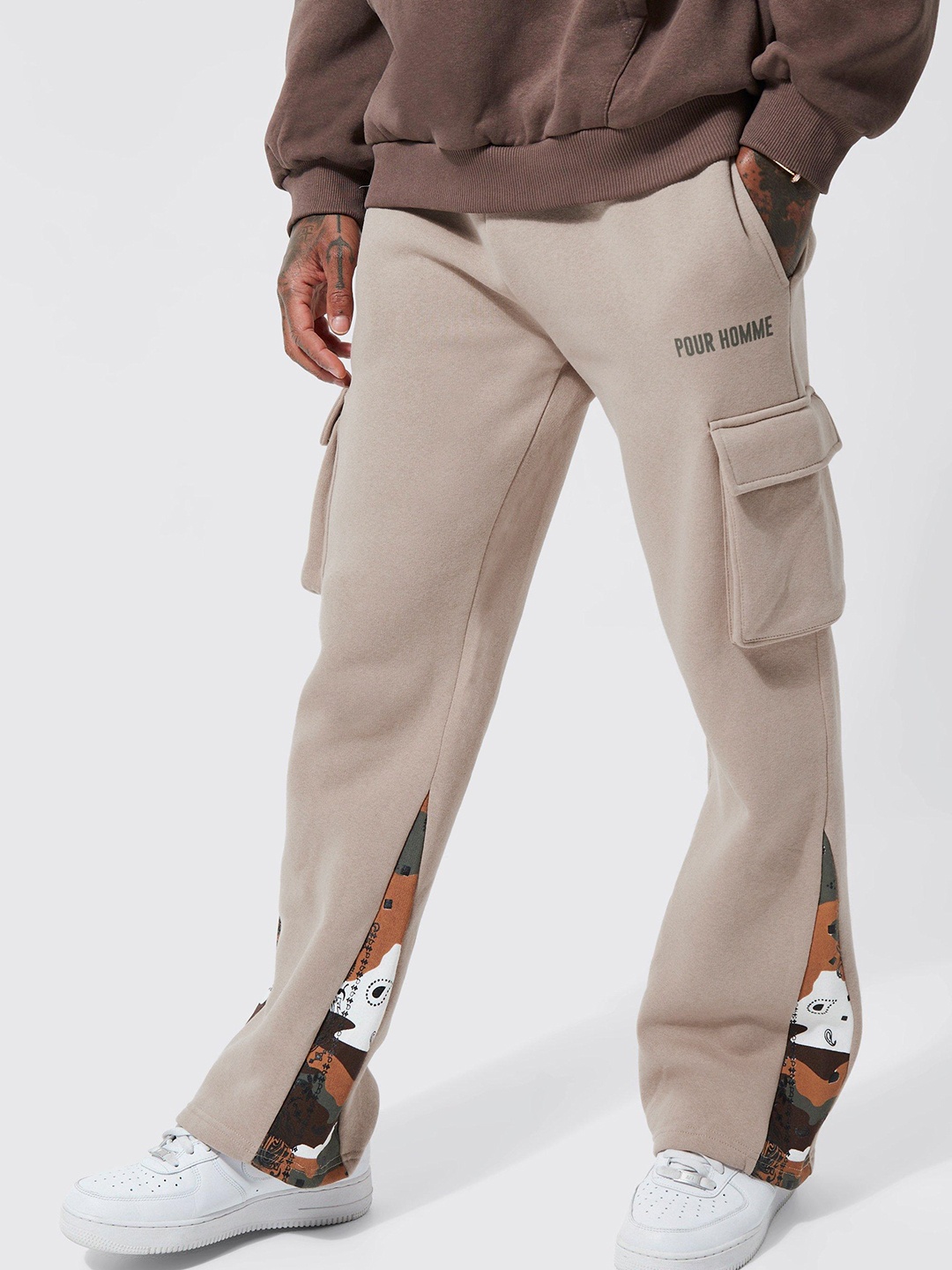 

boohooMAN Printed Hem Cargo Track Pants, Beige