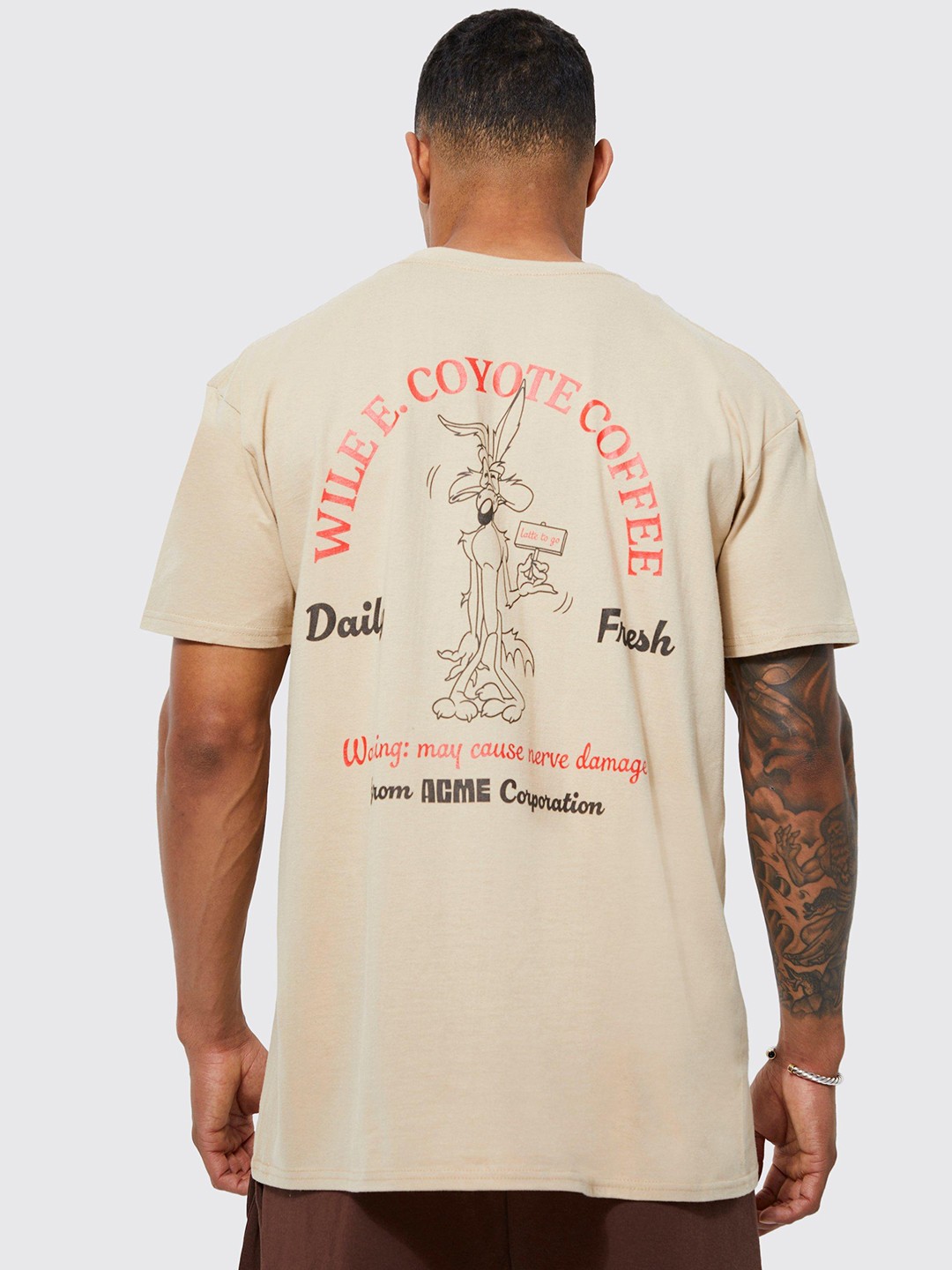 

boohooMAN Looney Tunes Print Pure Cotton Oversized T-shirt, Beige