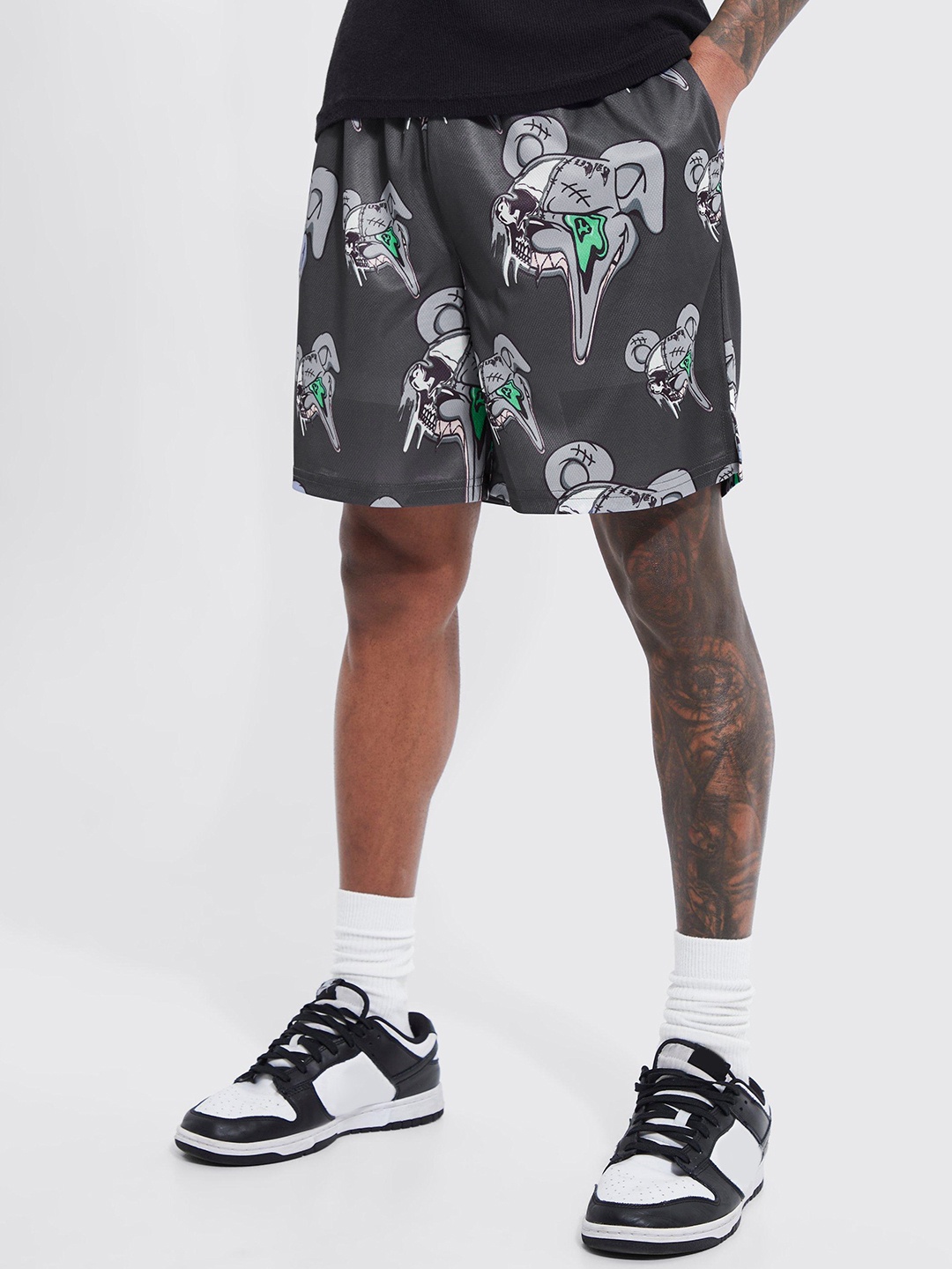 

boohooMAN Loose Fit Conversational Printed Basketball Shorts, Grey