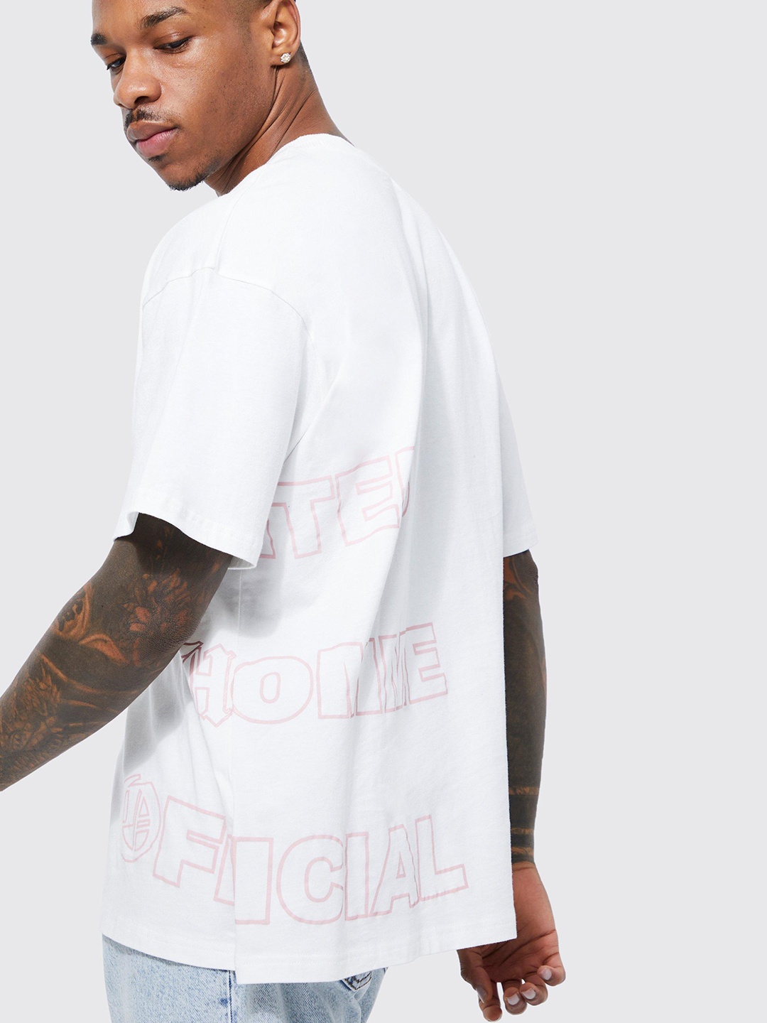 

boohooMAN Oversized Placement Print Drop-Shoulder Sleeves Pure Cotton Longline T-shirt, White