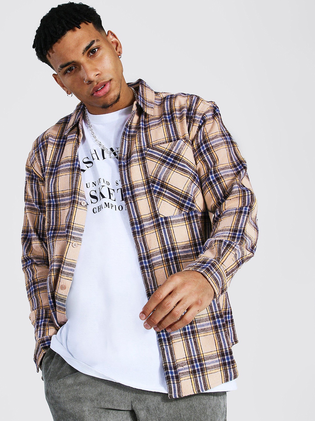 

boohooMAN Men Beige Tartan Checks Opaque Checked Casual Shirt
