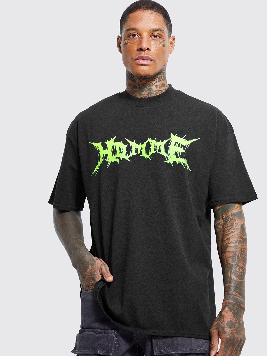 

boohooMAN Typography Printed Drop-Shoulder Oversized Cotton T-shirt, Black