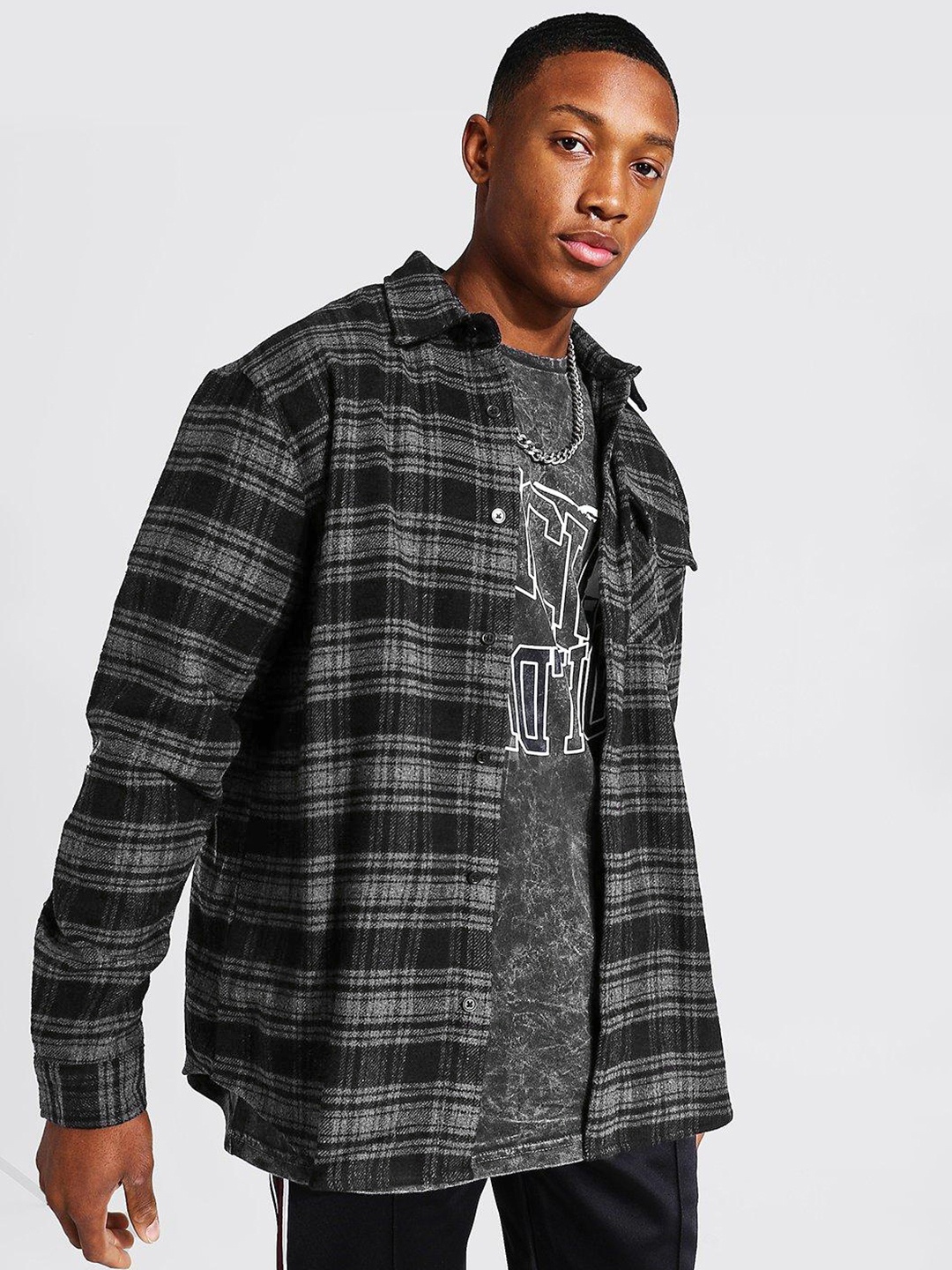 

boohooMAN Flannel Opaque Checked Shacket, Black