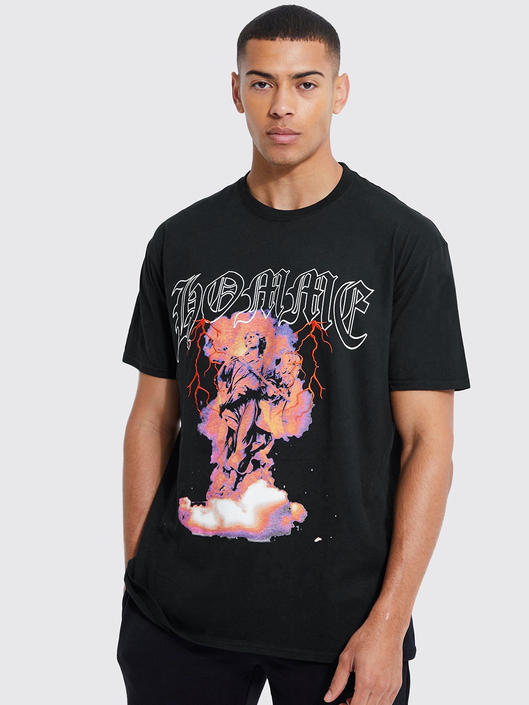 boohooMAN Printed Pure Cotton Oversized T-shirt, Black