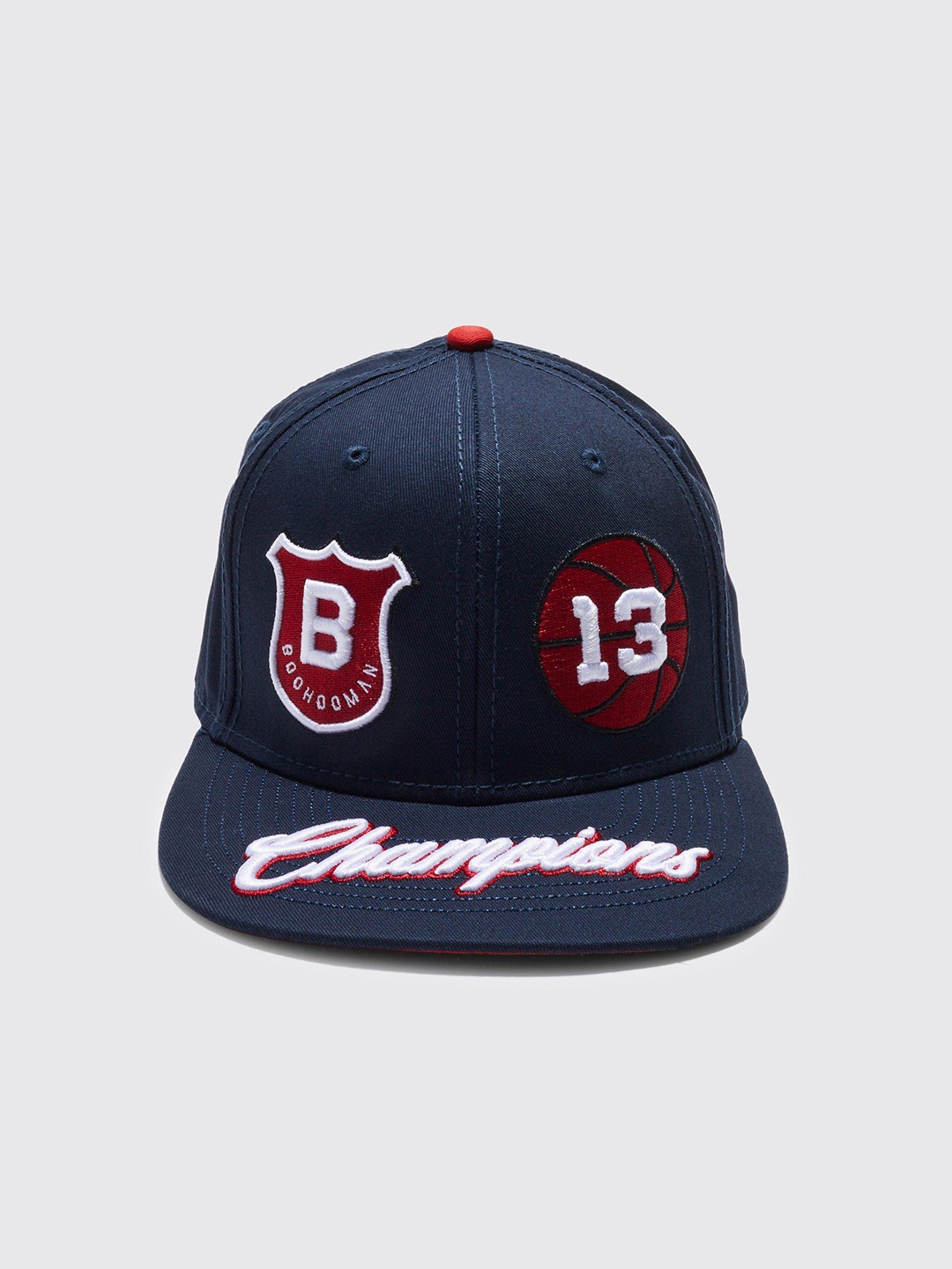 

boohooMAN Typography Embroidered Snapback Cap with Applique Detail, Navy blue