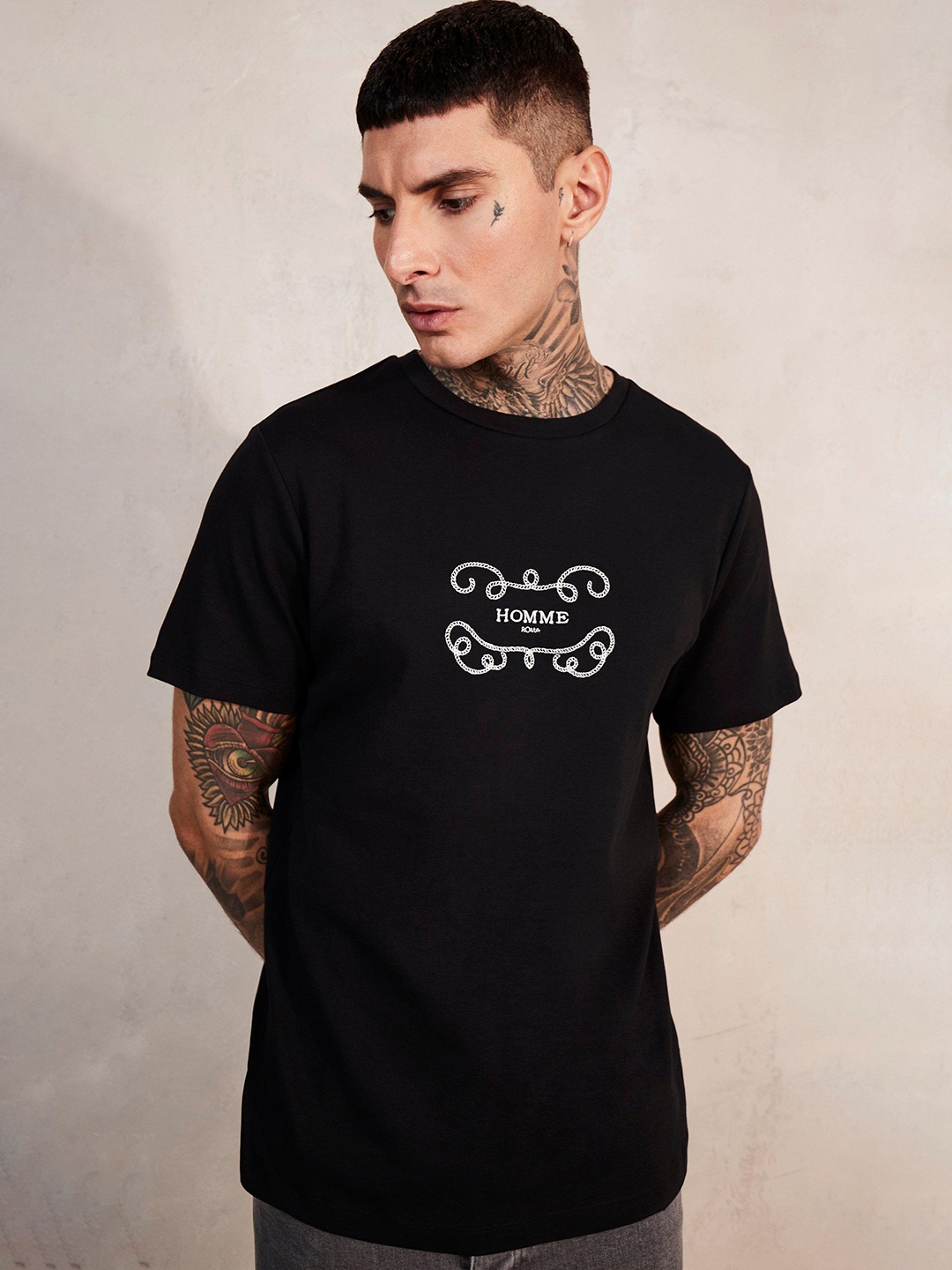 

boohooMAN Typography Embroidered Pure Cotton Slim Fit T-shirt, Black