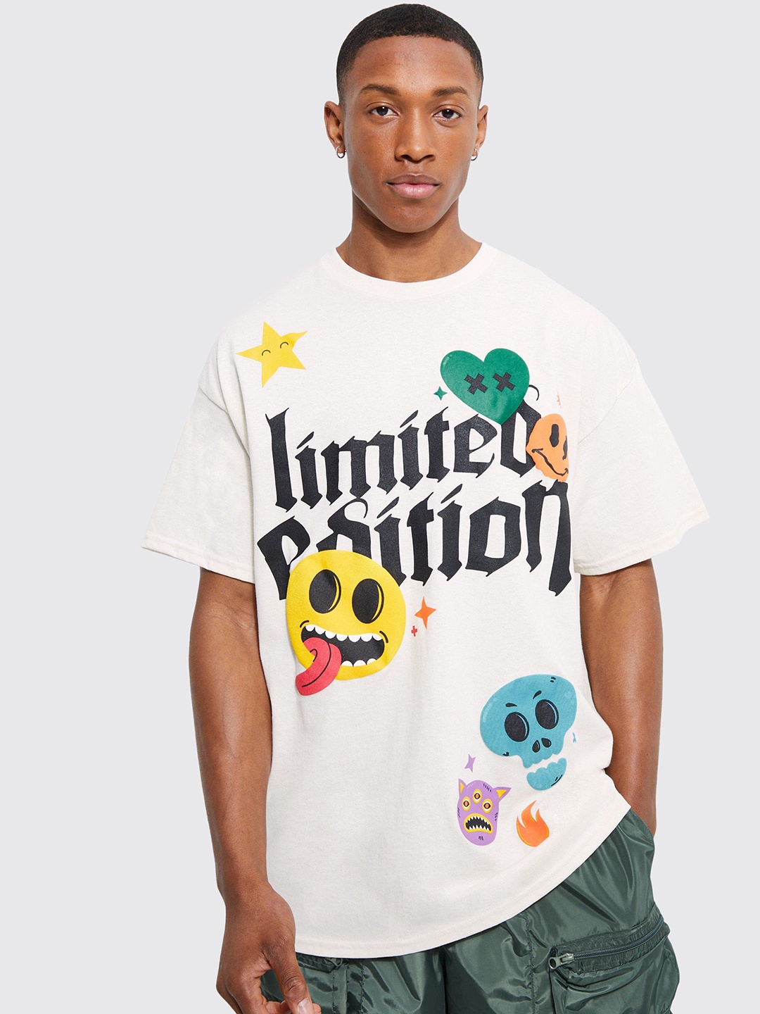 boohooMAN Typography Printed Pure Cotton Oversized T-shirt, White