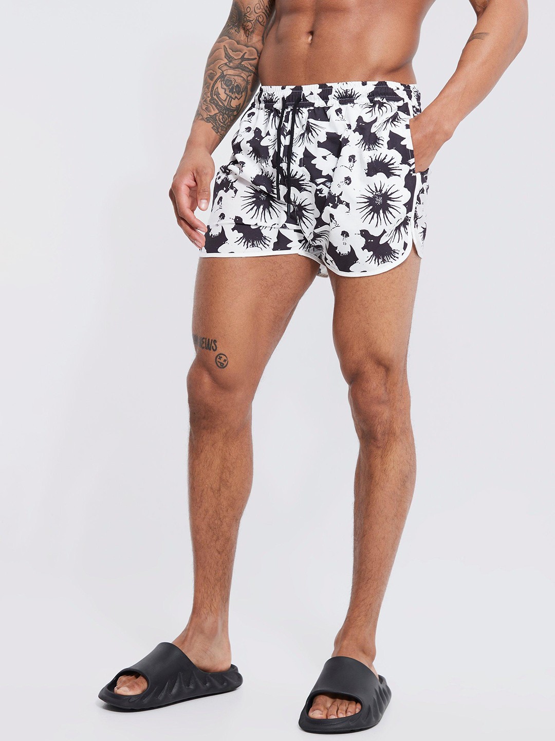

boohooMAN Runner Floral Printed Swim Shorts, White