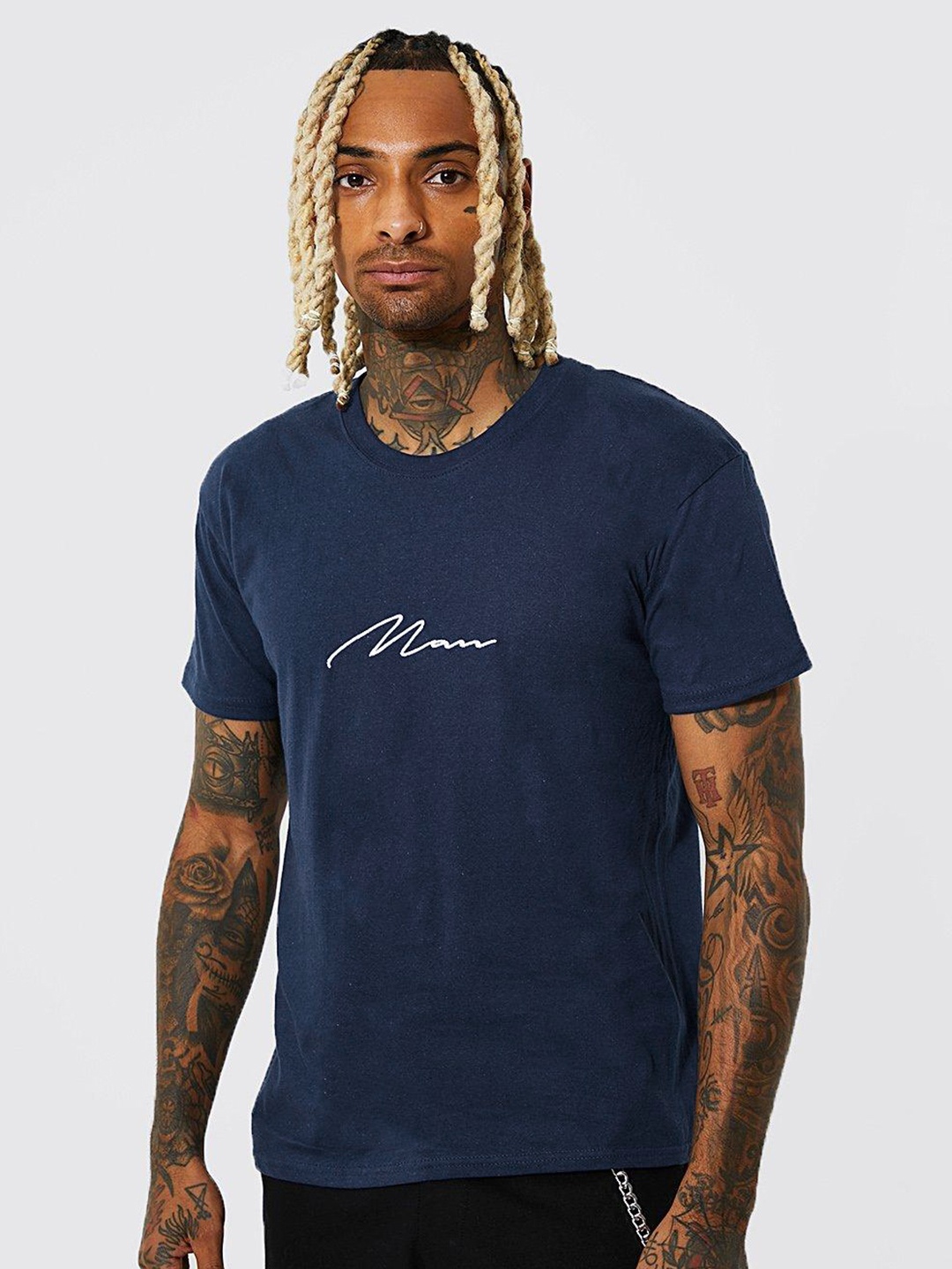 boohooMAN Typography Printed Pure Cotton T-shirt, Navy blue