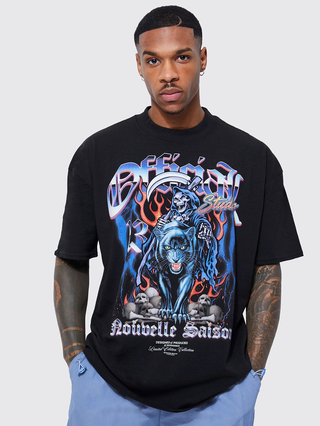 

boohooMAN Printed Drop-Shoulder Sleeves Pure Cotton Oversized T-shirt, Black