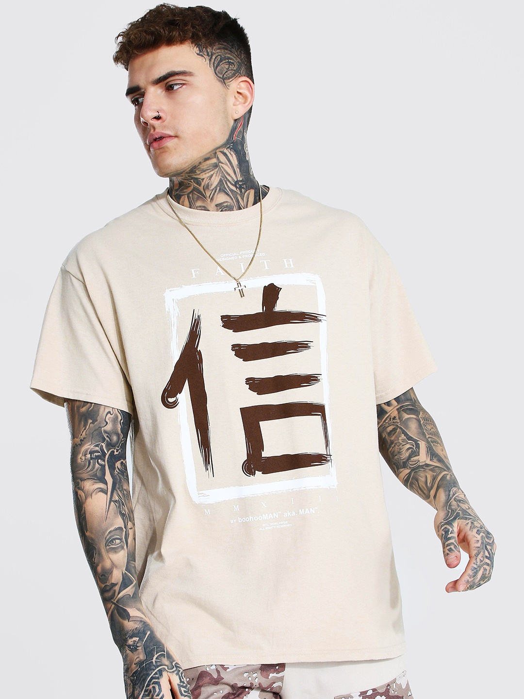 

boohooMAN Typography Printed Pure Cotton Oversized T-shirt, Beige