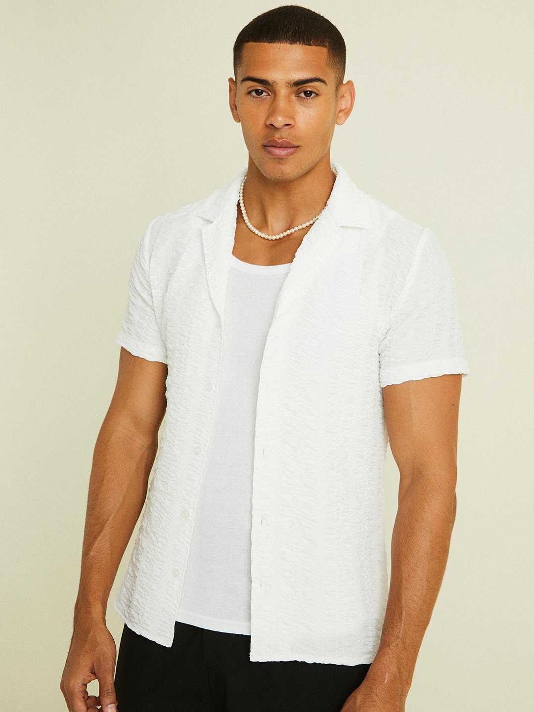 

boohooMAN Seersucker Opaque Casual Shirt, Off white