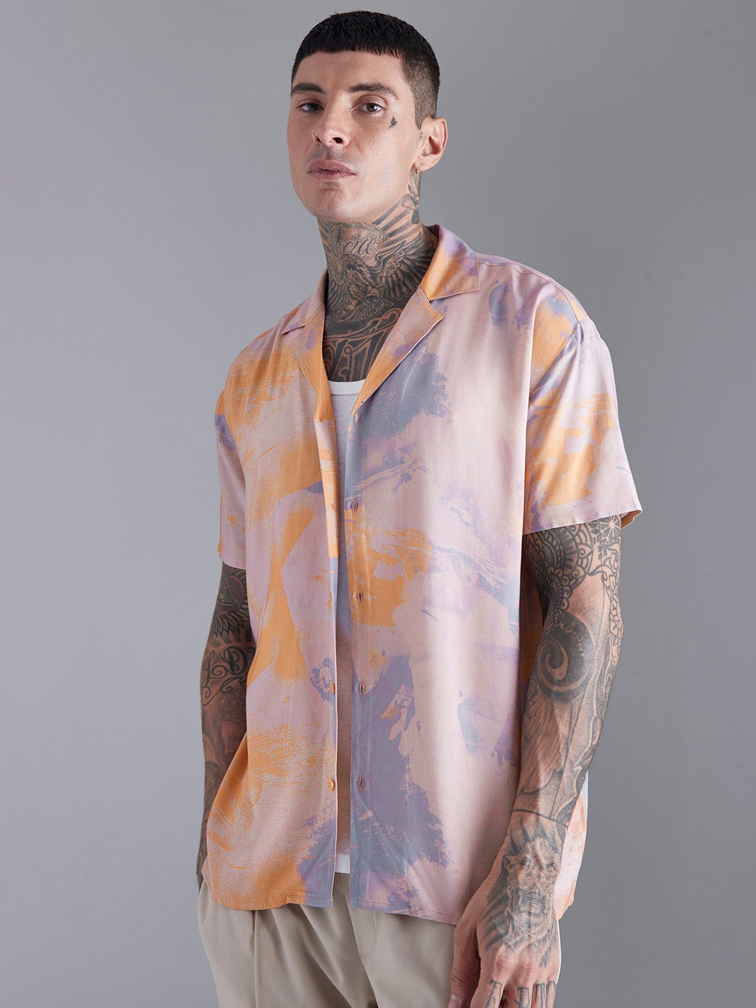 

boohooMAN Abstract Printed Casual Shirt, Peach