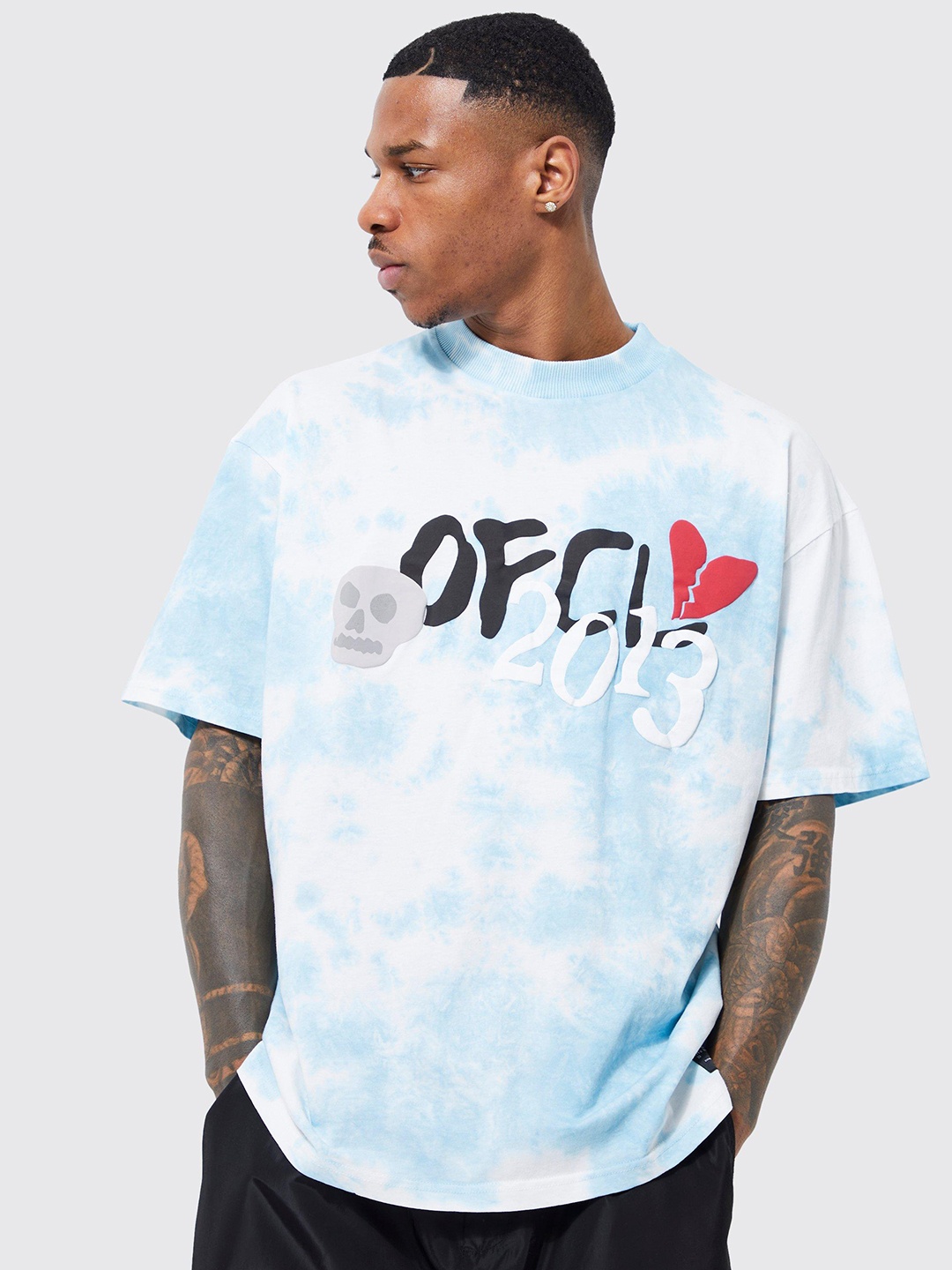 

boohooMAN Tie and Dye Pure Cotton Oversized T-shirt, White