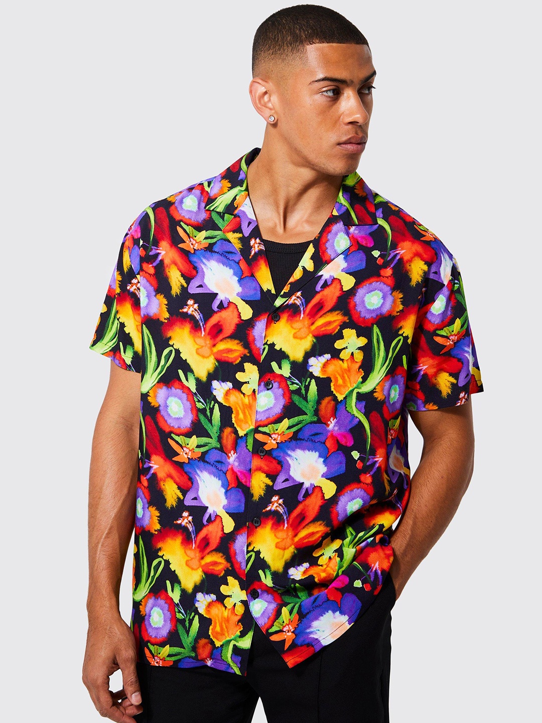 

boohooMAN Floral Print Casual Oversized Shirt, Multi