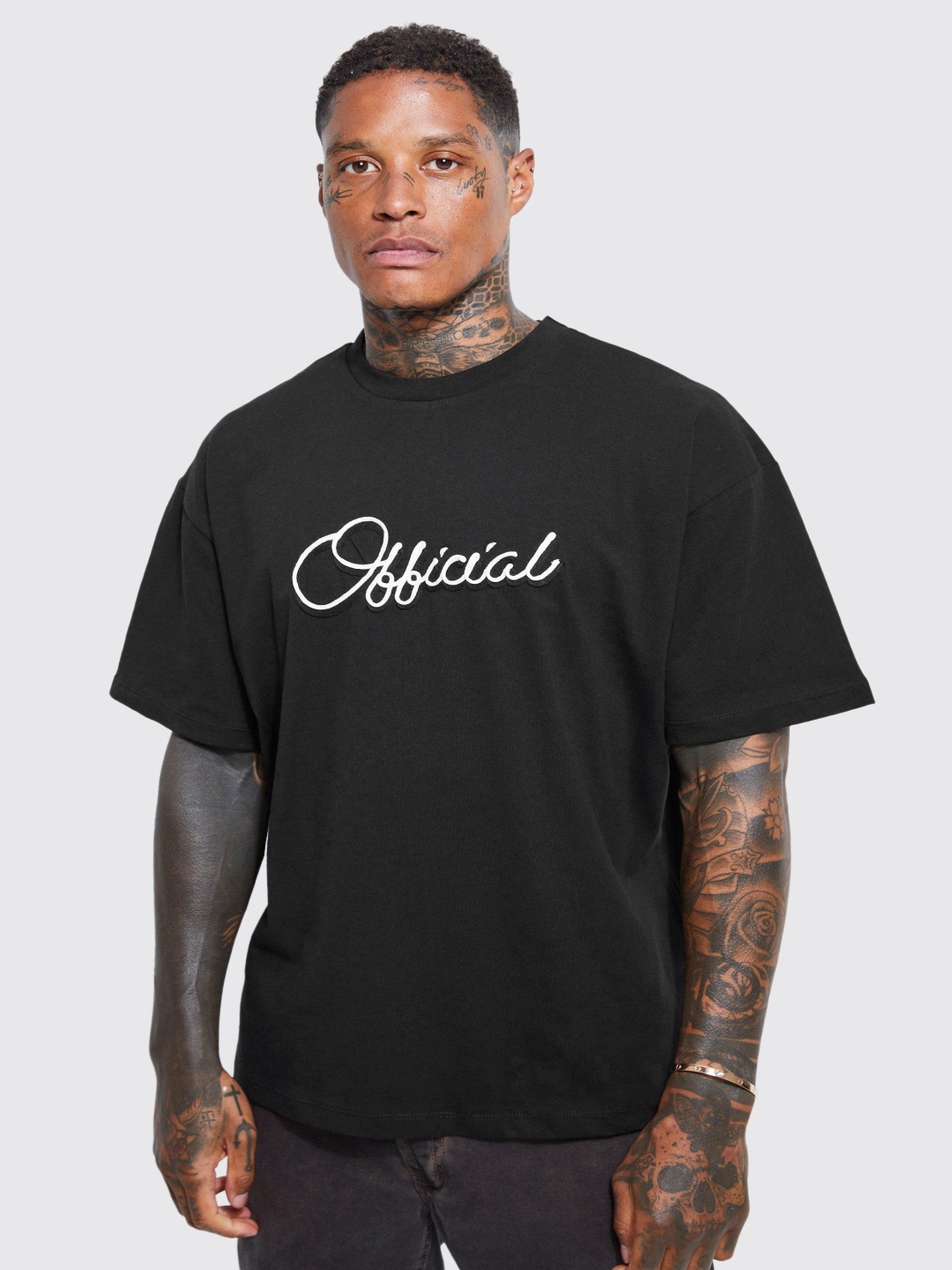 

boohooMAN Typo Embroidered Detail Pure Cotton T-shirt, Black