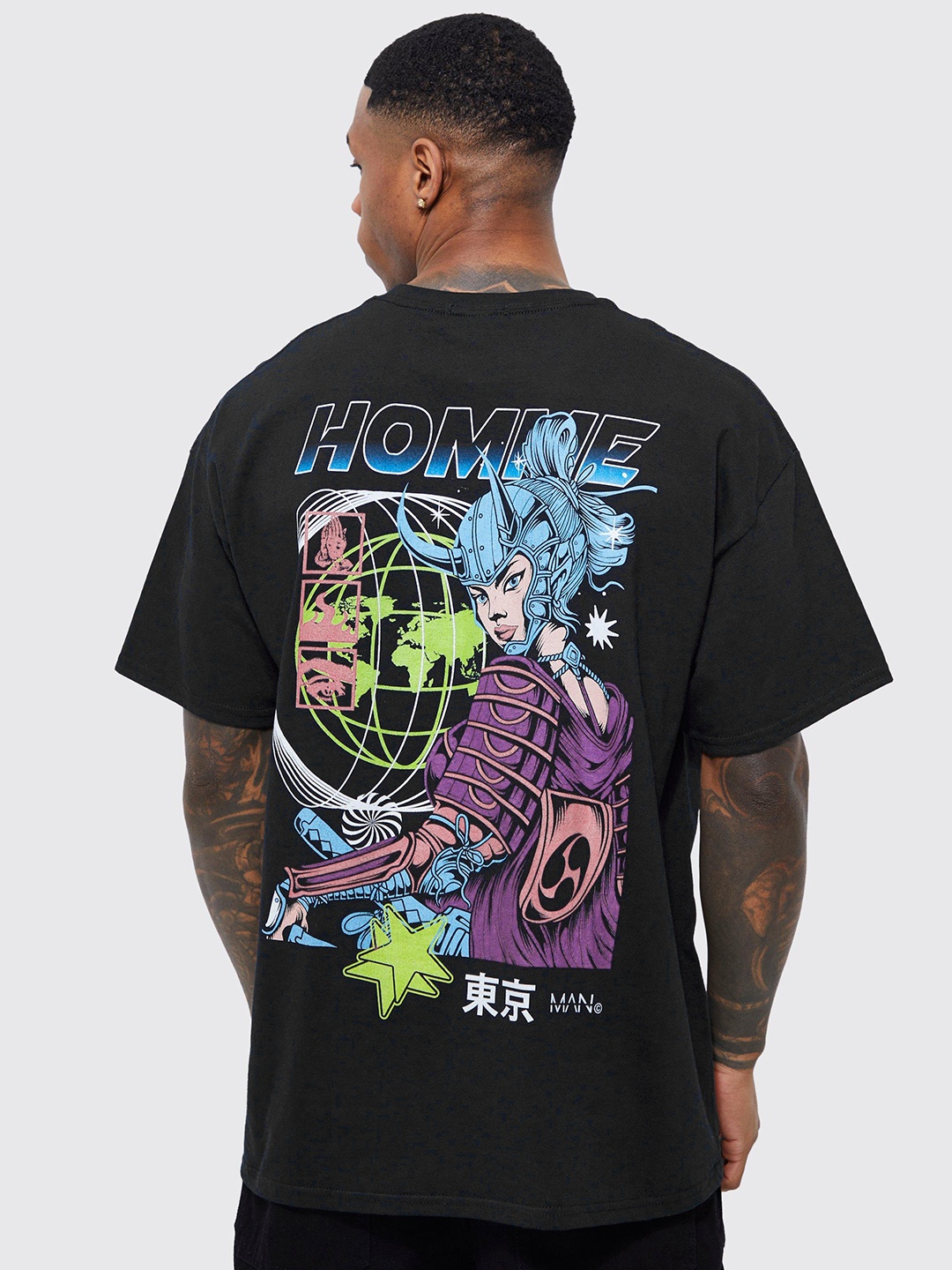 

boohooMAN Printed Back Drop-Shoulder Oversized Pure Cotton T-shirt, Navy blue