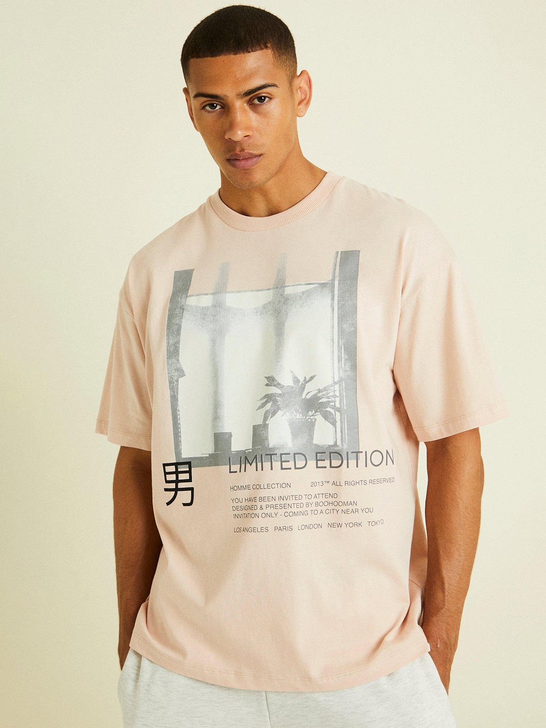 

boohooMAN Printed Drop-Shoulder Sleeves Pure Cotton Oversized T-shirt, Peach
