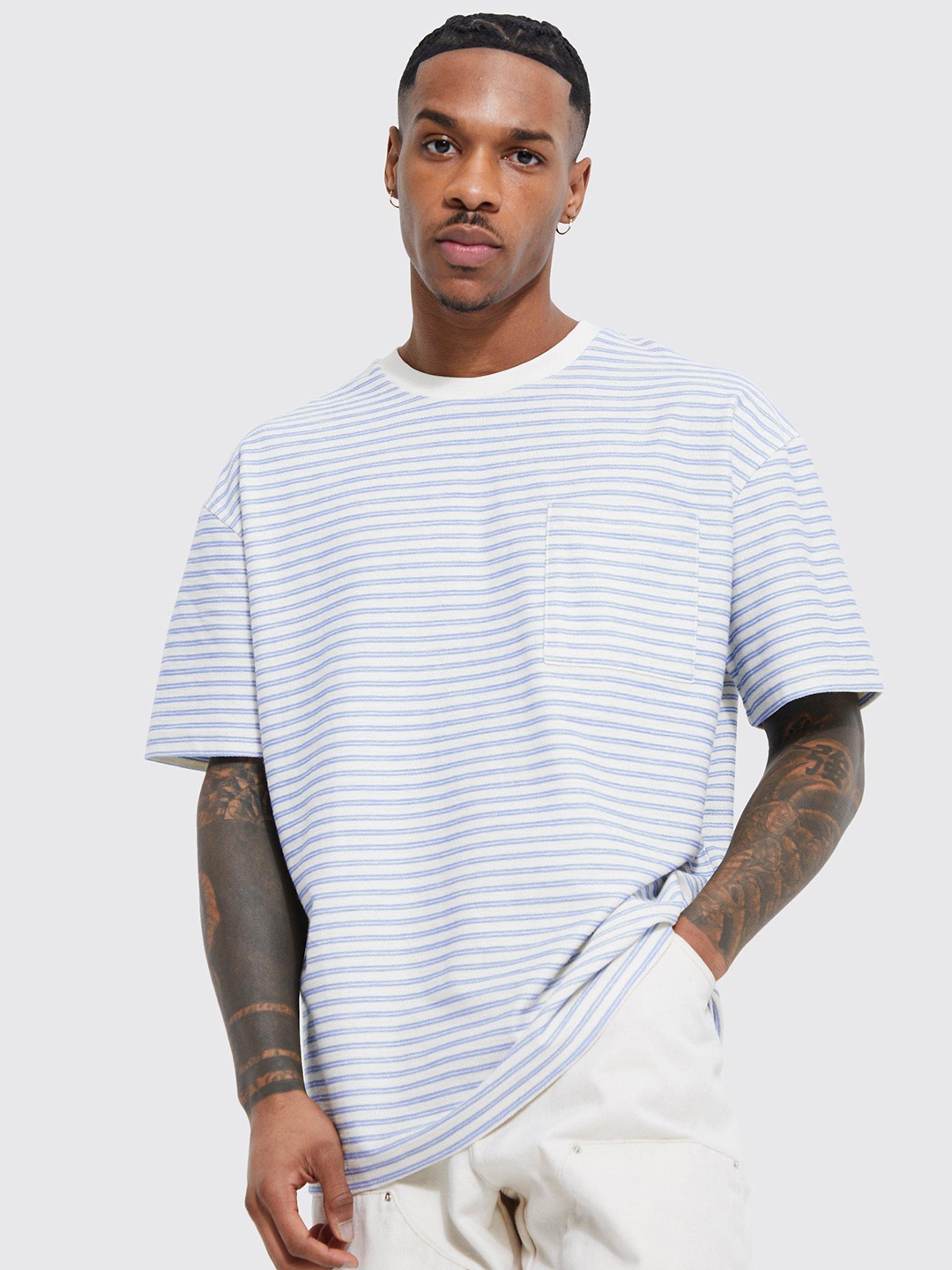 

boohooMAN Striped Drop-Shoulder Sleeves Pure Cotton Oversized T-shirt, White
