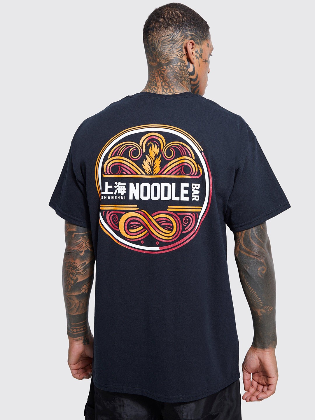 

boohooMAN Printed Drop-Shoulder Sleeves Pure Cotton Oversized T-shirt, Navy blue