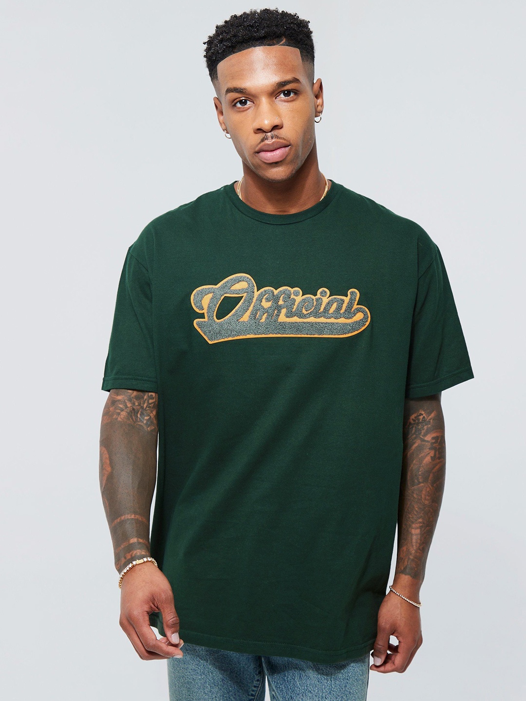 

boohooMAN Typography Applique Pure Cotton Oversized T-shirt, Green