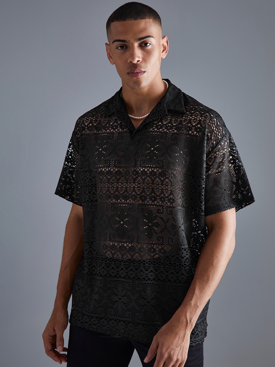 

boohooMAN Oversized Lace Polo T-shirt, Navy blue