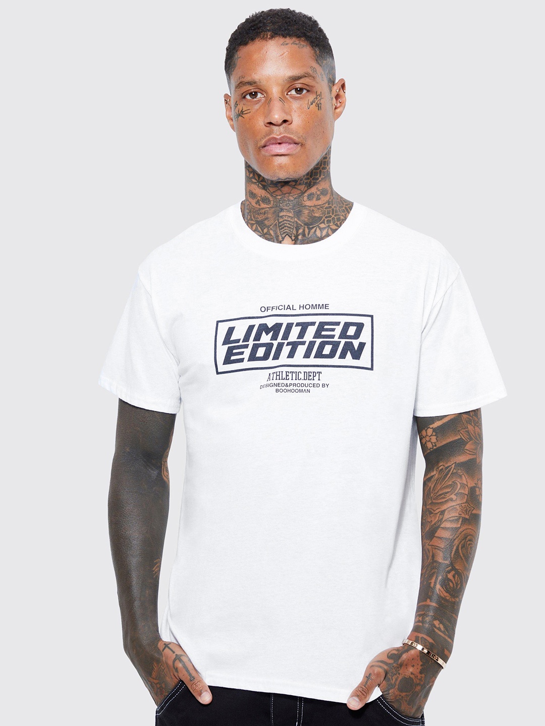 boohooMAN Typography Printed Pure Cotton Slim Fit T-shirt, White