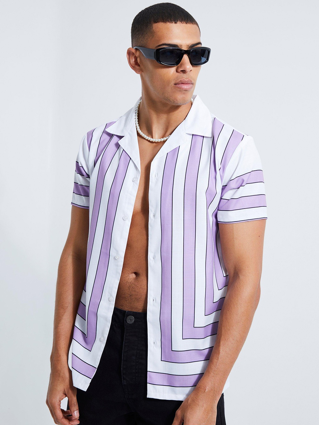 

boohooMAN Striped Casual Slub Shirt, White